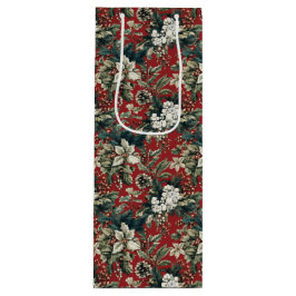 Red Traditional Christmas Floral and Pinecone  ワインギフトバッグ