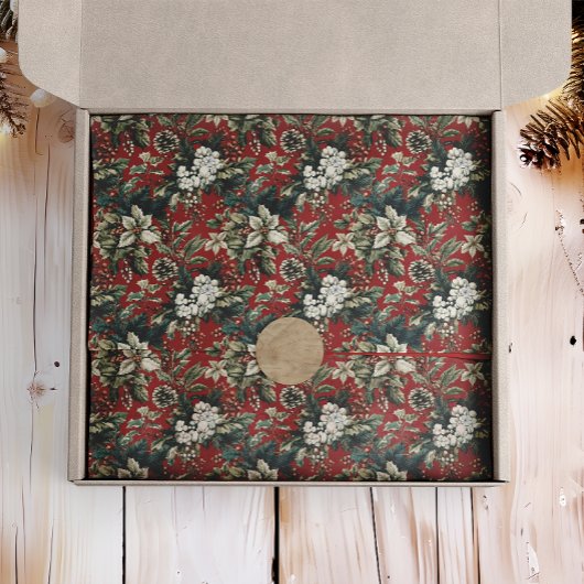 Red Traditional Christmas Floral and Pinecone  薄葉紙