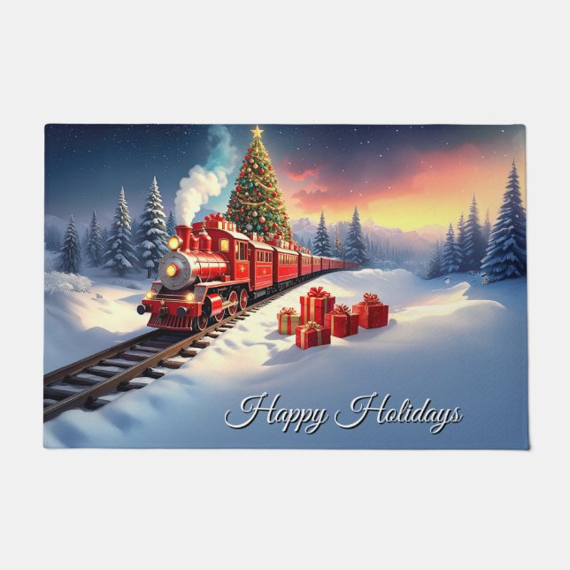 Red Train Christmas Tree Holiday Doormat ドアマット (正面)