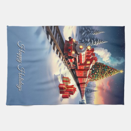 Red Train Christmas Tree Holiday Kitchen Towel キッチンタオル (横)