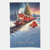 Red Train Christmas Tree Holiday Kitchen Towel キッチンタオル (縦)