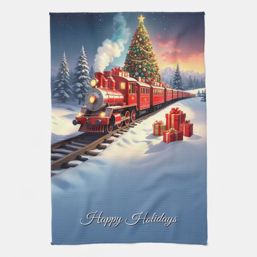 Red Train Christmas Tree Holiday Kitchen Towel キッチンタオル (縦)