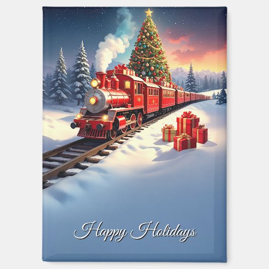 Red Train Christmas Tree Holiday Magnet マグネット (正面)