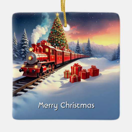 Red Train Christmas Tree Holiday Ornament セラミックオーナメント (正面)