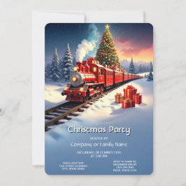 Red Train Christmas Tree Holiday Party 招待状