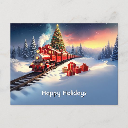 Red Train Christmas Tree Holiday Postcard ポストカード (正面)