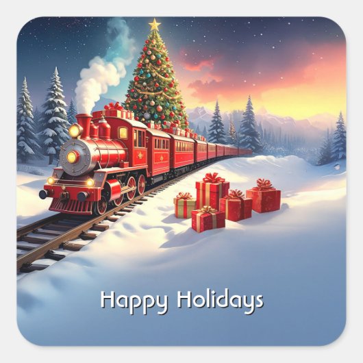 Red Train Christmas Tree Holiday Sticker スクエアシール (正面)
