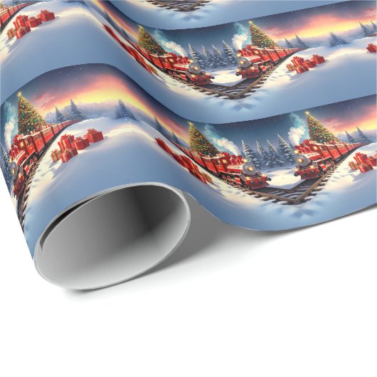 Red Train Christmas Tree Holiday Wrapping Paper ラッピングペーパー (ロールコーナー)