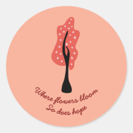 Red tree in blossom with pink flowers and quote ラウンドシール