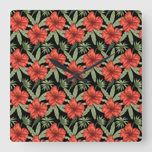 Red tropical flowers seamless pattern green leaves スクエア壁時計 (正面)