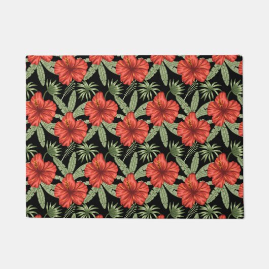 Red tropical flowers seamless pattern green leaves ドアマット (正面)