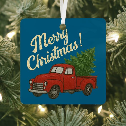 Red truck and Christmas tree custom メタルオーナメント (インサイチュ)