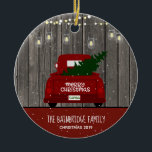 Red Truck and Mason Jar Lights Family Name Holiday セラミックオーナメント<br><div class="desc">Red Truck and Mason Jar Lights Family Name Holiday Ornament - What. a lovely addition to your Christmas tree. Our rustic ornament features a red vintage pick up truck is carrying a freshly cut Christmas tree with mason jar lights twinkling overhead. The background of the ornament is rustic barnwood. Our...</div>