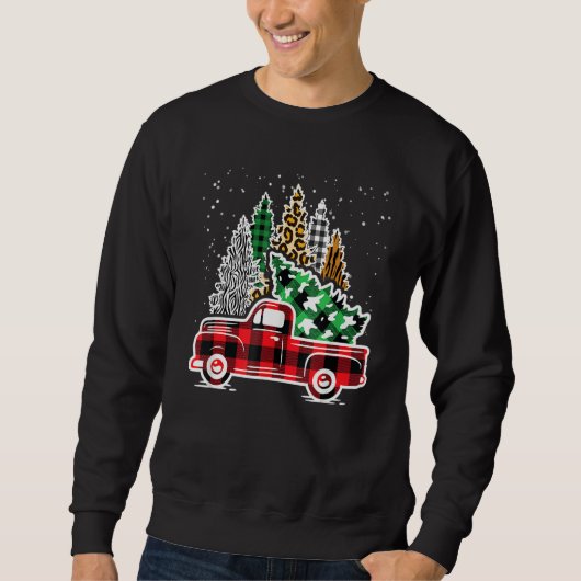 Red Truck Christmas Trees Leopard Red Buffalo Plai スウェットシャツ (正面)