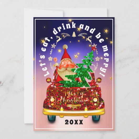 Red Truck Merry Christmas Tree Brunch Dinner Rose 招待状 (裏面)