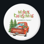 Red Truck Pine Tree Merry Christmas マグネット<br><div class="desc">Red truck with presents,  and pine trees on a white background.</div>