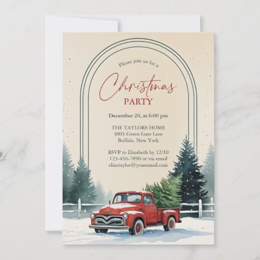 Red Truck Snowy Pine Trees Rustic Christmas Party 招待状 (正面)