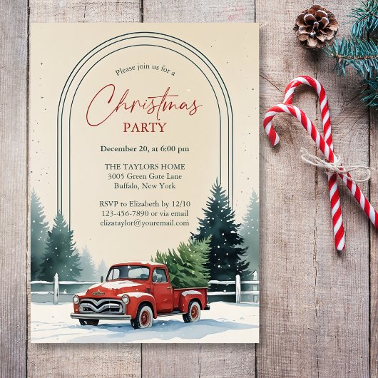 Red Truck Snowy Pine Trees Rustic Christmas Party 招待状