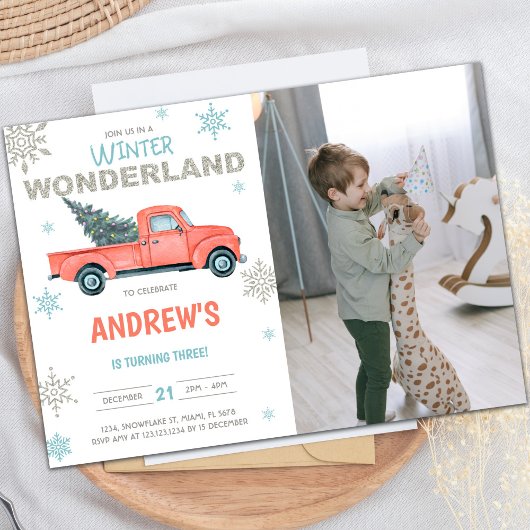 Red Truck Wonderland Birthday Invitations w photo 招待状