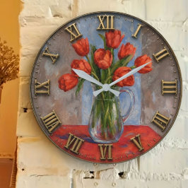 Red Tulip Bouquet Floral Still Life Vintage ラージ壁時計