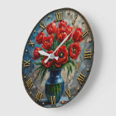 Red Tulip Elegant Blue Vase Floral Decor ラージ壁時計 (傾斜)
