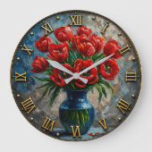Red Tulip Elegant Blue Vase Floral Decor ラージ壁時計 (正面)