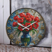 Red Tulip Elegant Blue Vase Floral Decor ラージ壁時計