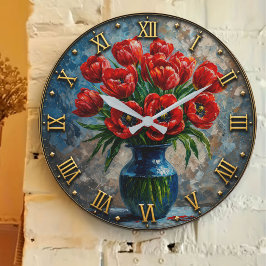 Red Tulip Elegant Blue Vase Floral Decor ラージ壁時計