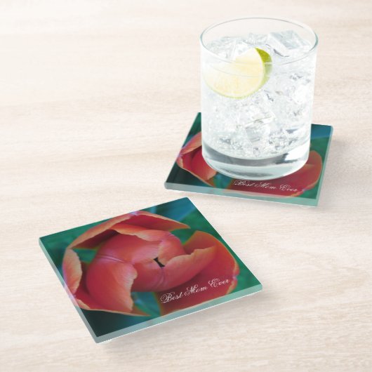 Red Tulip Macro Photo Personalized Coaster ガラスコースター (アングル)