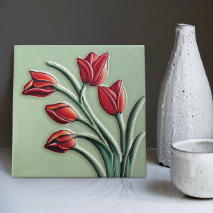 Red Tulip Wall Decor Art Nouveau Art Deco Ceramic タイル