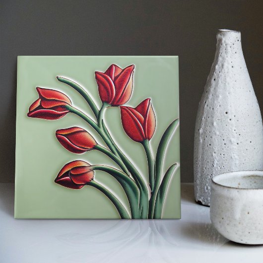 Red Tulip Wall Decor Art Nouveau Art Deco Ceramic  タイル