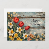 Red Tulips and Daffofils on Blue Wood ポストカード (正面/裏面)