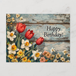 Red Tulips and Daffofils on Blue Wood ポストカード