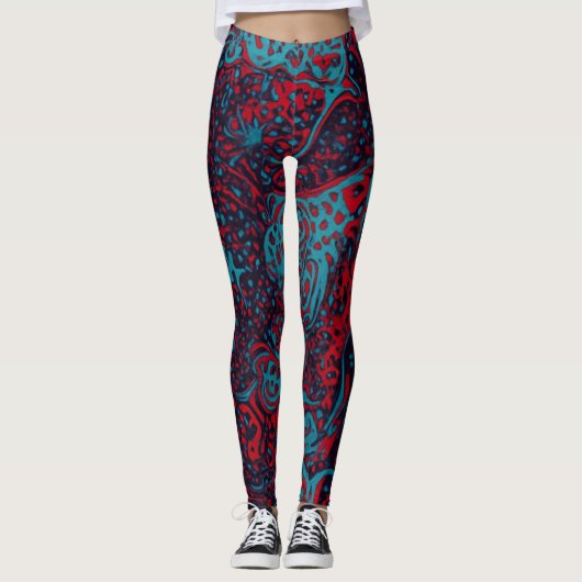 Red Turquoise Marble Abstract Pattern レギンス (正面)
