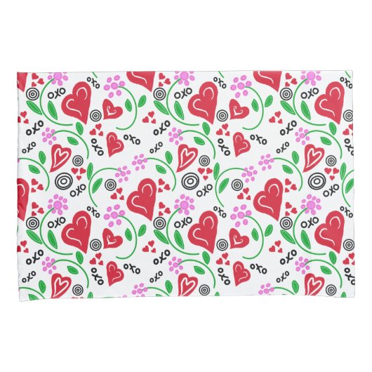 Red Valentine Hearts Pink Flowers 枕カバー (正面右)