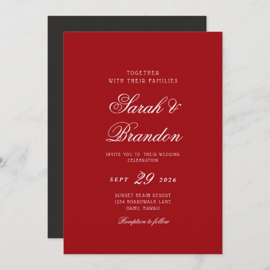 Red Valentines Minimalist Script Wedding 招待状 (正面/裏面)