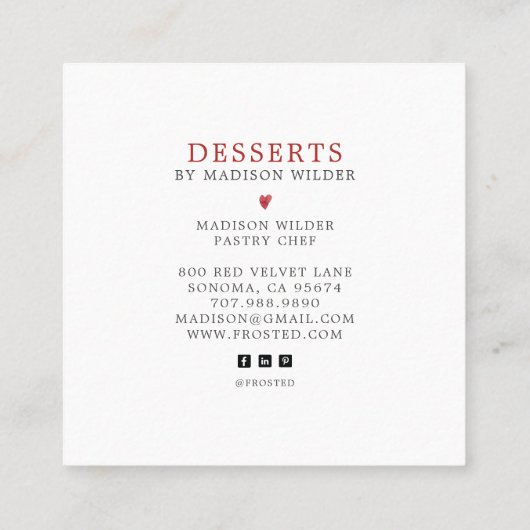 Red Velvet Baker Cupcake Logo Calligraphy Script  スクエア名刺 (裏面)