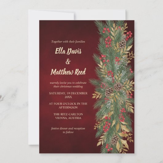Red Velvet Christmas Botanical Wedding Invitation 招待状 (正面)