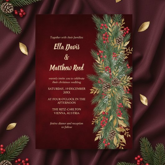 Red Velvet Christmas Botanical Wedding Invitation 招待状