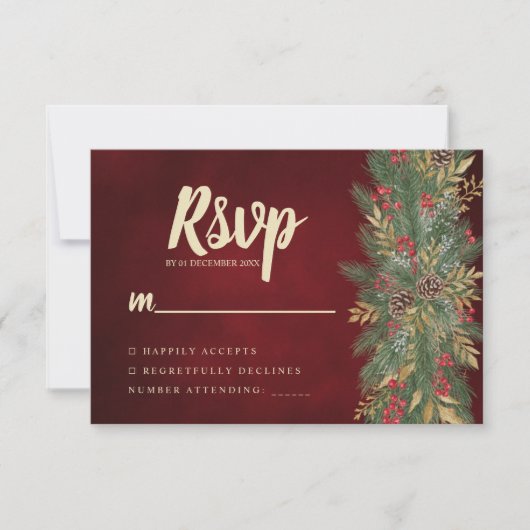 Red Velvet Christmas Botanical Wedding RSVP Card (正面)
