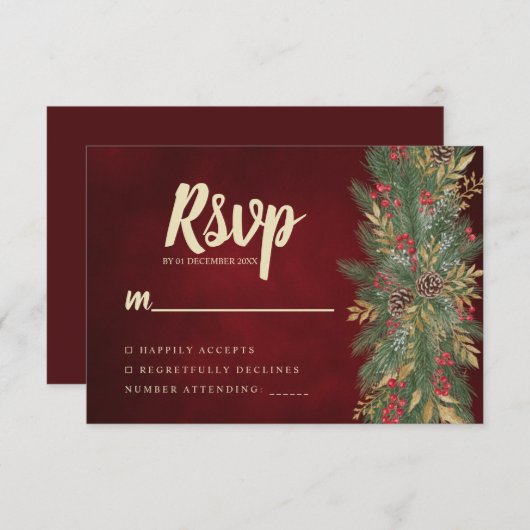 Red Velvet Christmas Botanical Wedding RSVP Card (正面/裏面)