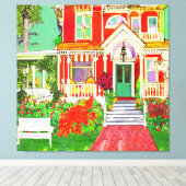 Red Victorian House Wrap Around Porch キャンバスプリント (インサイチュ (ウッドフロア))