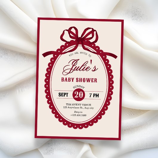 Red vintage bow baby shower invitation 招待状