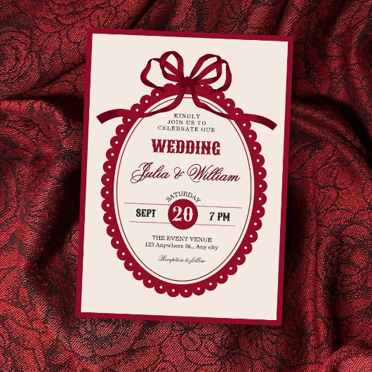 Red vintage bow wedding 招待状