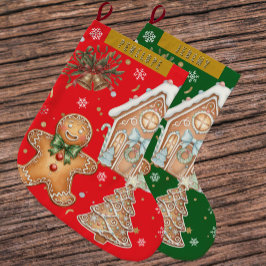 Red Vintage Gingerbread Man, Tree, Christmas  ラージクリスマスストッキング