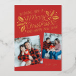 Red Vintage Holly Tilted Snapshot 2 Photo 箔シーズンカード<br><div class="desc">This festive and chic holiday photo card features 2 tilted snapshot photos with our original hand-drawn winter foliage with a red background and sweet styled typography in shiny REAL FOIL (color of your choice). The back comes with a matching holly pattern for an extra special touch. Background color is editable....</div>