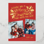 Red Vintage Holly Tilted Snapshot 2 Photo 箔シーズンカード<br><div class="desc">This festive and chic holiday photo card features 2 tilted snapshot photos with our original hand-drawn winter foliage with a red background and sweet styled typography in shiny REAL FOIL (color of your choice). The back comes with a matching holly pattern for an extra special touch. Background color is editable....</div>