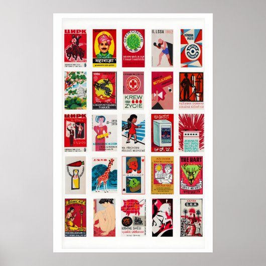 Red Vintage matchbox label grid print ポスター (正面)
