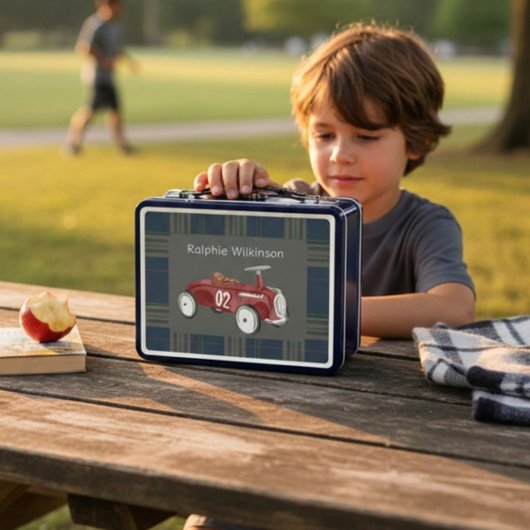 Red Vintage Racecar Plaid Boy's Name Lunchbox メタルランチボックス