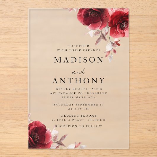 Red Vintage Roses Wedding アクリル招待状 (正面)